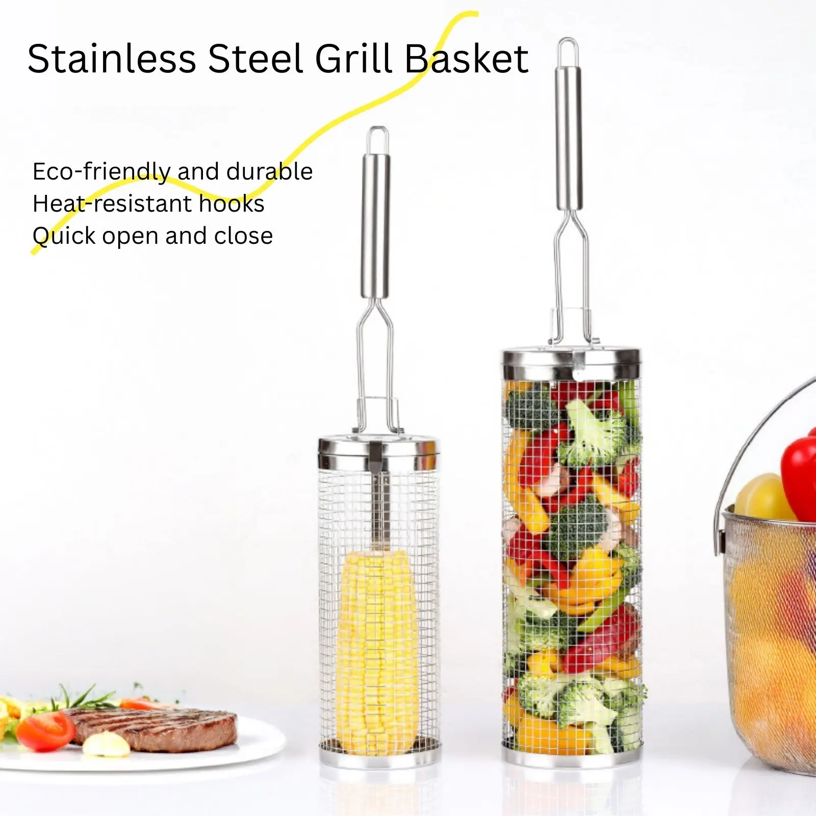 Camping Cooking Basket - سلة شواء دوارة من الفولاذ المقاوم